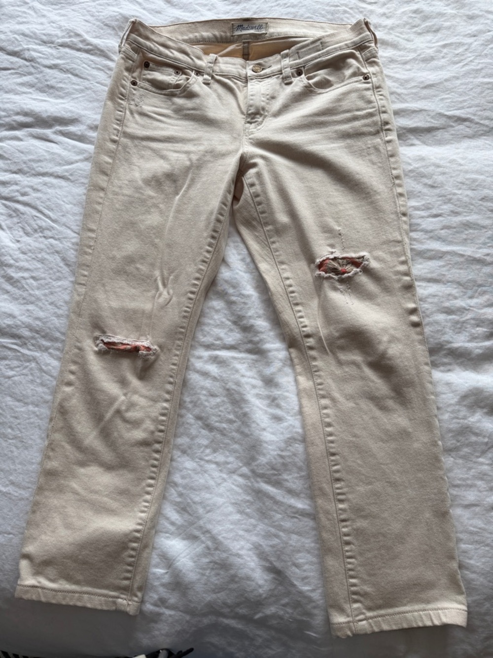 Madewell Cream Straight-Leg Jeans with Knee Distressing + Custom Patches Size 26